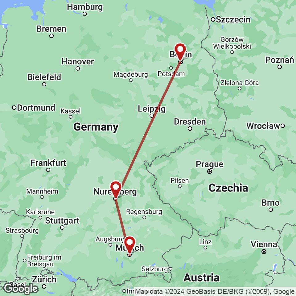 Route for Berlin, Nuremberg, Munich tour